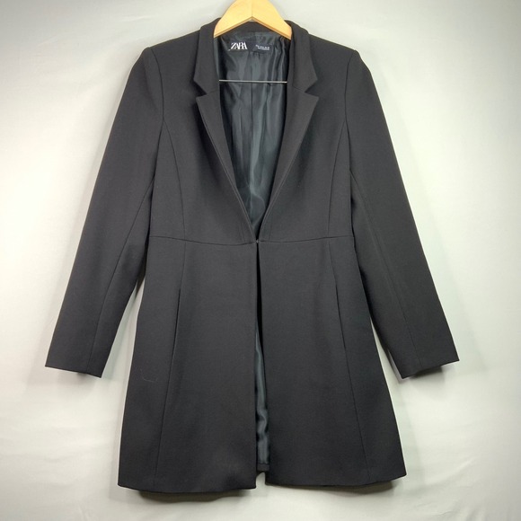 Zara Black Blazer Jacket Longline Open Front Career Business Coat M - Picture 1 of 9